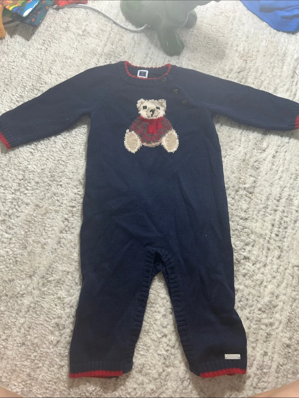 Janie and Jack Navy Knit Teddy Bear One-Piece with Red Trim